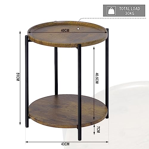 Woltu Ronde Salontafel met 2 Planken - Vintage Houtlook - MDF en Metaal - Ø 43,2 cm