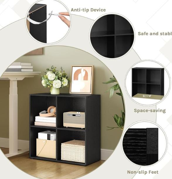 Woltu Boekenkast met 4 Vakken - Lage Opbergkast 59,6 x 29 x 59,8 cm - Multifunctionele Houten Kast - Scandinavisch Design - Zwart