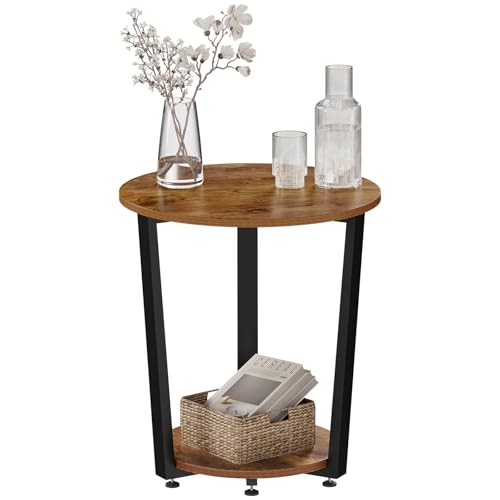 Woltu Ronde Salontafel met 2 Planken - Metaal en Hout - Rustiek Bruin - 50 x 53 x 50 cm