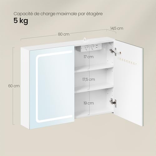 Eugad Badkamerkast met LED Spiegel en Touch Licht - Wit - 80 x 14,5 x 60 cm
