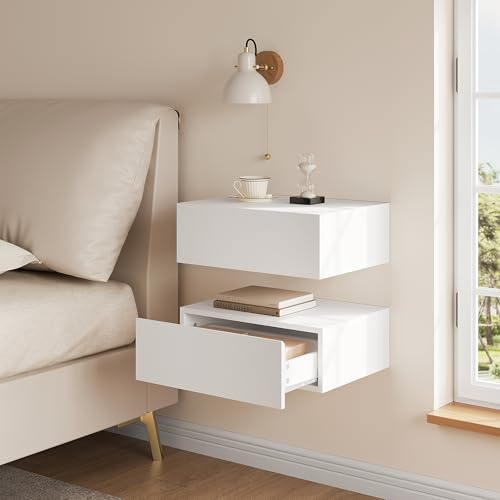Woltu Nachtkastje met Lade Set van 2 - Wandgemonteerd, Wit - 40x30x14 cm