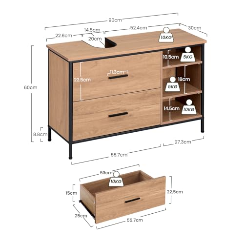 Eugad Badkamerkast met 2 Lades en 3 Open Vakken Licht Eiken - Zwart 90 x 30 x 60 cm