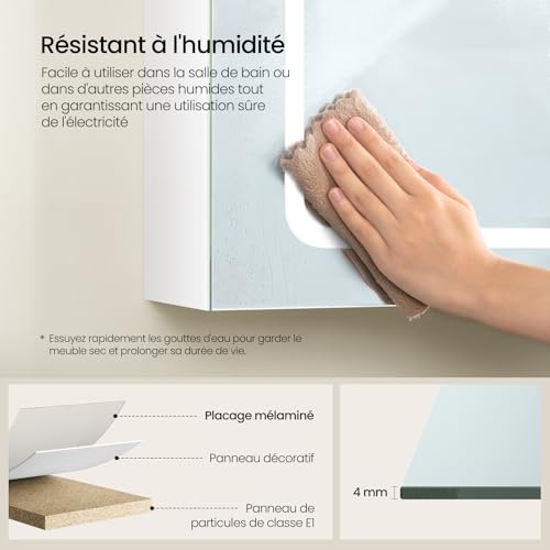 Eugad Badkamerkast met LED Spiegel en Touch Licht - Wit - 80 x 14,5 x 60 cm