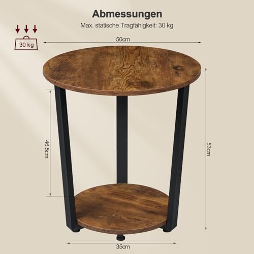 Woltu Ronde Salontafel met 2 Planken - Metaal en Hout - Rustiek Bruin - 50 x 53 x 50 cm