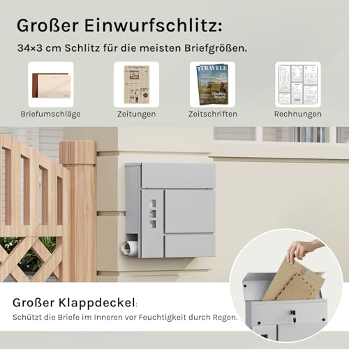 Woltu Brievenbus met Krantenvak en Kijkvensters Grijs 37 x 37 x 10,5 cm