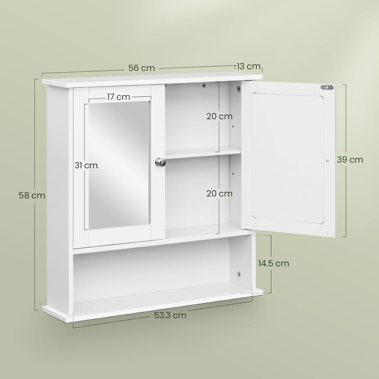 Eugad Badkamerkast met Spiegel - Wandkast MDF Vochtbestendig - Verstelbare Legplank - Wit - 56 x 13 x 58,5 cm