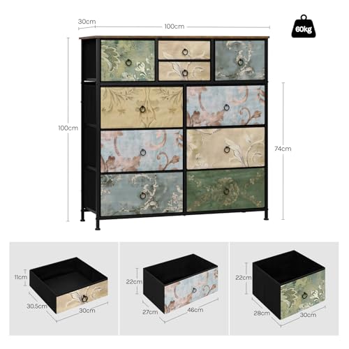 Woltu Ladekast met 10 Lades Vintage Bloemenmotief - Bruin - 100 x 100 x 30 cm