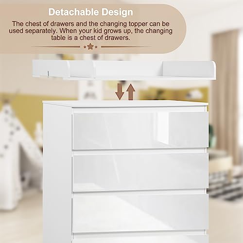 Woltu Commode met Verwijderbare Verschoningsmat en 4 Laden - Wit Hoogglans - Hoogte 110 cm