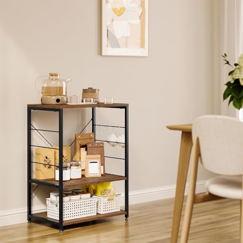 Woltu Keukenrek met 4 S-vormige Haken - Stalen Keukenwagen met MDF Planken - Zwart - 60 x 40 x 82 cm