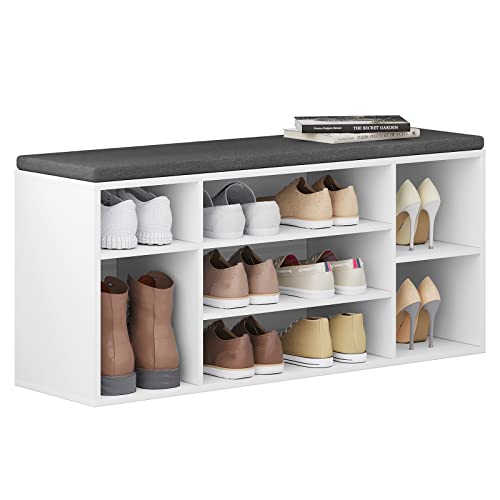 Woltu Schoenenbank met 7 Vakken - Houten Schoenenrek met Zitting en Kussen - Wit met Grijs - 103,5 x 48 x 30 cm