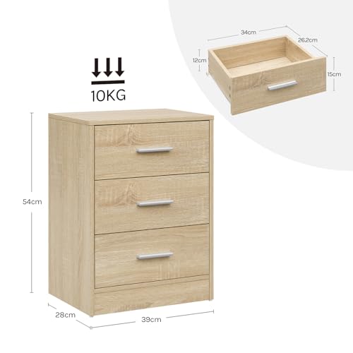 Woltu Set van 2 Nachtkastjes met 3 Lades - Licht Eiken -39 x 54 x 28 cm