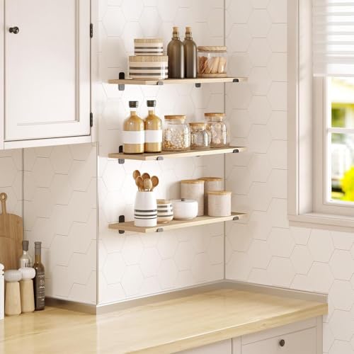Eugad Set van 3 Zwevende Wandplanken Retro Stijl - Zwart en Licht Hout - 60 x 20 x 7 cm