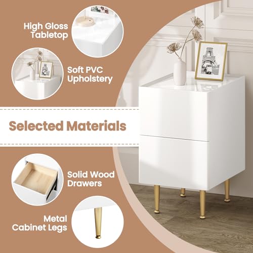 Woltu Nachtkastje met 2 Lades Hoogglans - Hout PVC + Metaal Wit + Goud - 30 x 40 x 51 cm