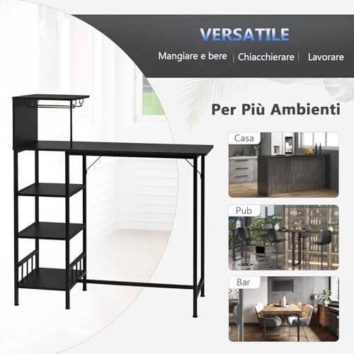 Woltu Bartafel met 4 Planken en 2 Bekerhouders - Zwart - 125,5 cm Hoogte, 108,5 x 40 cm Tafelblad