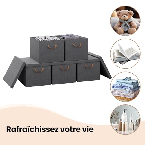 Woltu Opvouwbare Opbergbox met Deksel en Handvatten Grijs 48 x 30 x 36 cm - Set van 5