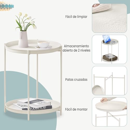 Woltu Ronde Bijzettafel met 2 Verwijderbare Planken - Metaal, Crème - Ø44 cm, Hoogte 57 cm
