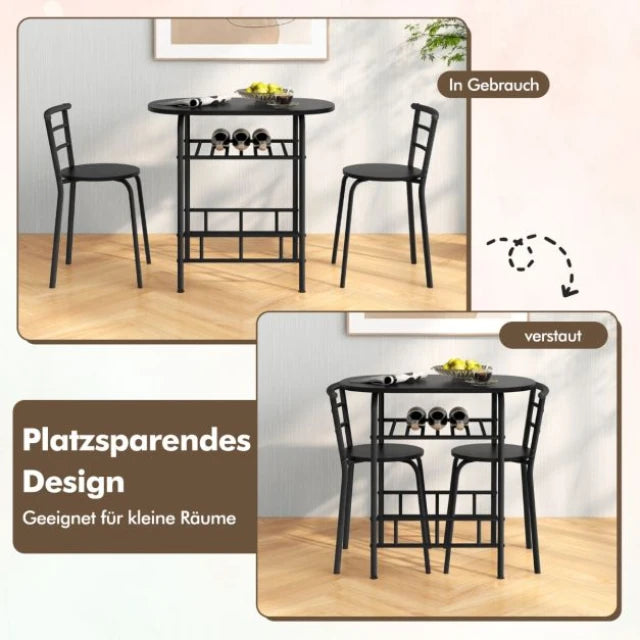 Coast Eettafelset Zwart – 3-Delige Bartafelset met 2 Stoelen en Wijnrek – Tafel 80 x 53 x 77 cm