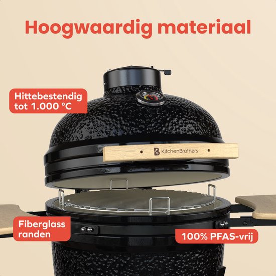 KitchenBrothers Kamado BBQ - 18 Inch Houtskool Barbecue - 38,5⌀ cm - Complete Set - Egg BBQ met Accessoires inclusief Hoes - Zwart