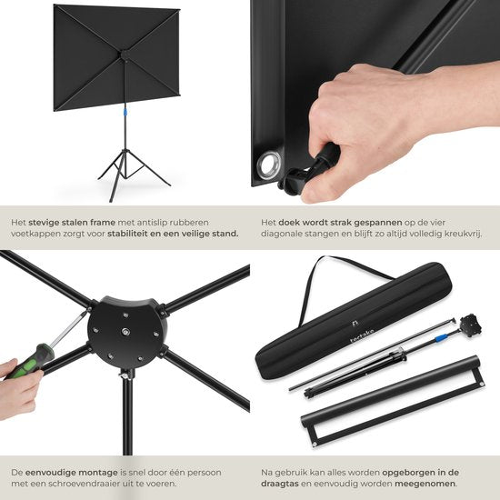 tectake® Beamer Scherm - 80 Inch - 16:9 Projectiescherm met Statief - 4K HD - Oprolbaar - Uittrekbaar - Projectiedoek - Presentatiescherm - Inclusief Draagtas