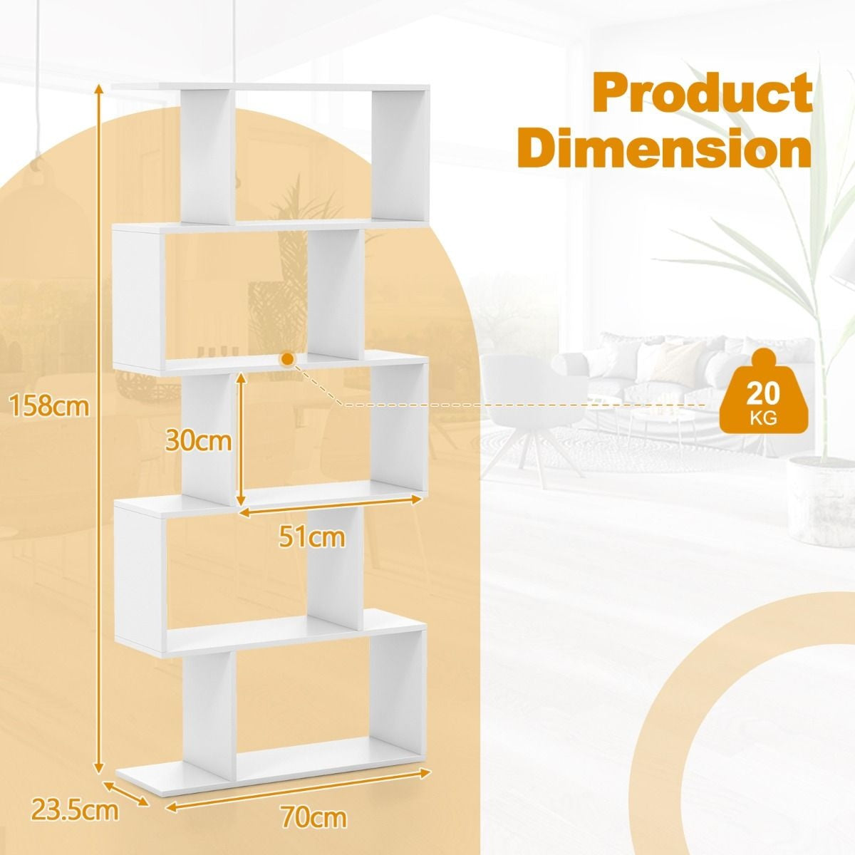Coast 5-Vaks Boekenkast S-Vormig - 70 x 23,5 x 158 cm - Wit