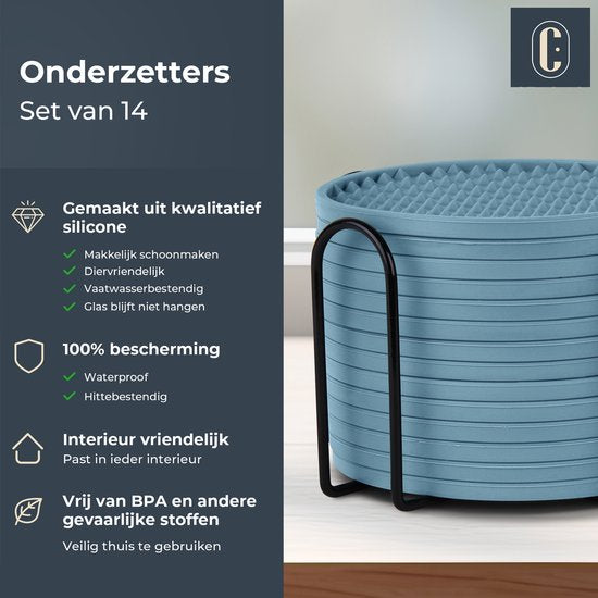 Castagnola Siliconen Onderzetters – Onderzetters voor Glazen – Design Onderzetters met Houder – Onderzettersset – Anti Slip - Set van 14 – Groen
