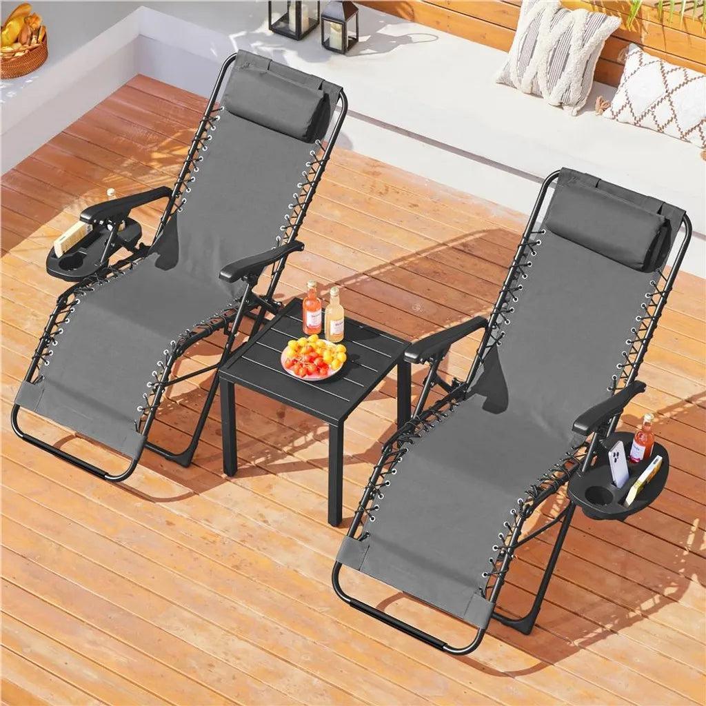 Yaheetech Zero Gravity Stoelen Set van 2 – Donkergrijs – Opvouwbare Ligstoelen 166 × 63,5 × 67 cm met Hoofdkussen en Bekerhouder