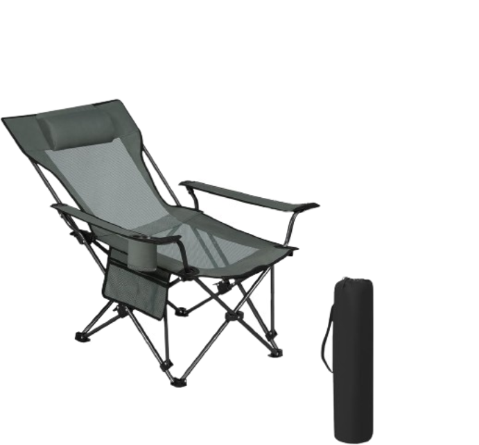 Woltu Campingstoel Verstelbare Rugleuning met Voetensteun - Grijs - 84 x 101 x 71 cm - Opvouwbaar - Bekerhouder & Draagtas