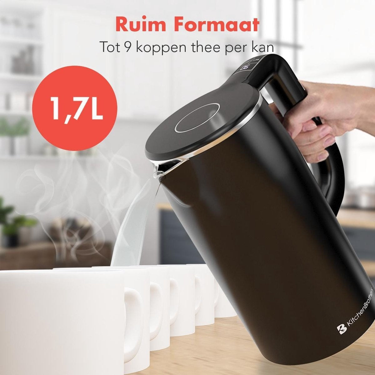 KitchenBrothers Waterkoker - 1.7L - RVS, Kunststof - BPA vrij - 1800W - 22x15.50x26.55 cm - Zwart