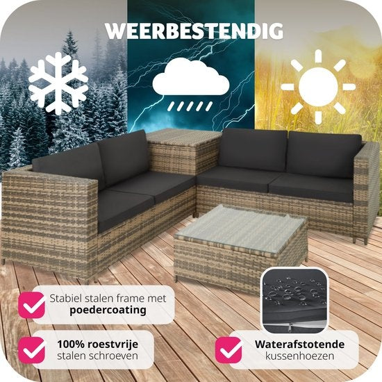 Tectake - Wicker Loungeset Siena (4 Personen) - Modulair, Opbergbox, Extra Dikke Kussens, UV- & Weerbestendig, Stalen Frame - Natuur/Donkergrijs