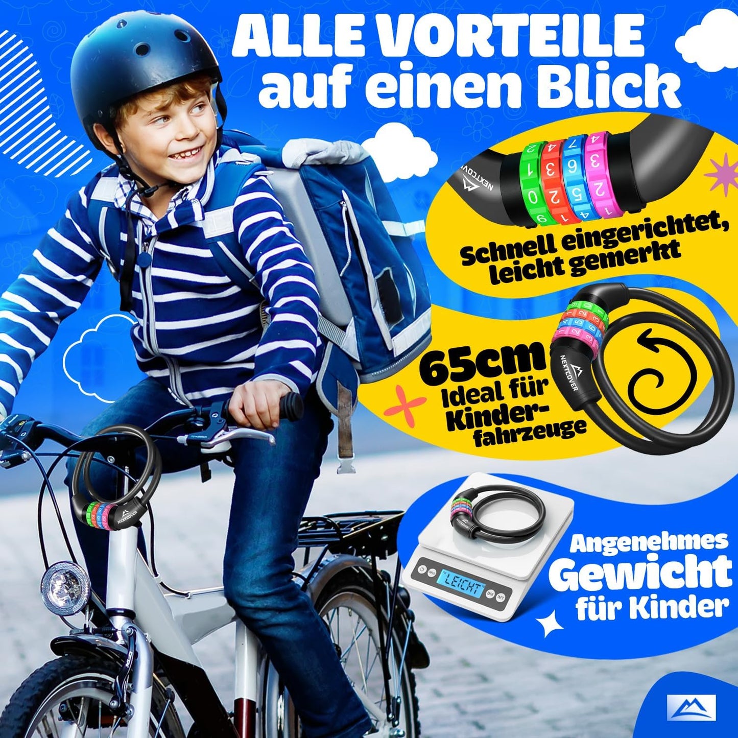 NEXTCOVER® Kinderfietsslot - 4-cijferige cijfercode - Combinatieslot fiets met kleurrijke cijfers - Scooterslot Extra robuust & veilig - Zwart