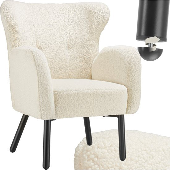 tectake® - Fauteuil Vänersborg - Dik gestoffeerde relaxstoel met bouclé-bekleding - Lounge stoel met brede armleuningen en ergonomische rugleuning - In hoogte vertelbare poten met vloerbescherming - Beige / crème
