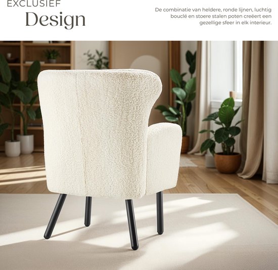 tectake® - Fauteuil Vänersborg - Dik gestoffeerde relaxstoel met bouclé-bekleding - Lounge stoel met brede armleuningen en ergonomische rugleuning - In hoogte vertelbare poten met vloerbescherming - Beige / crème