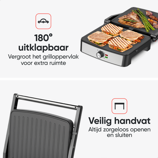 Kitchenwell Contactgrill - Tosti apparaat - Grill apparaat - Uitneembare platen - Anti-aanbaklaag - 3-in-1 -180 °C grill - Vaatwasserbestendig