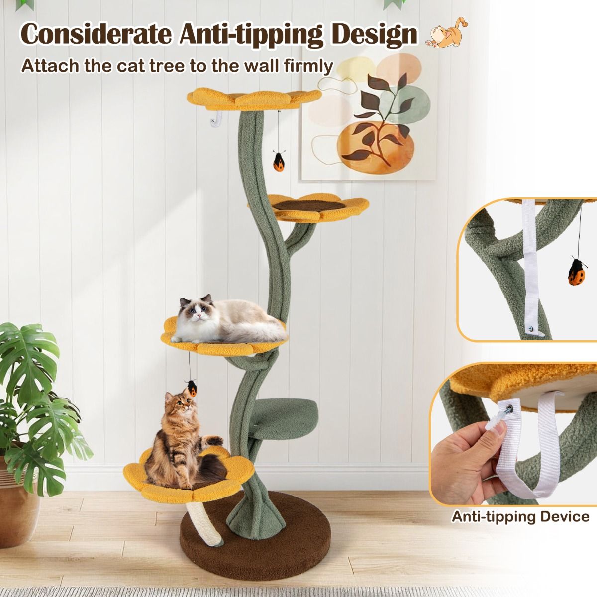 Coast Kattenboom - zonnebloemdesign - 5 platforms - geel, bruin en groen - 175 cm