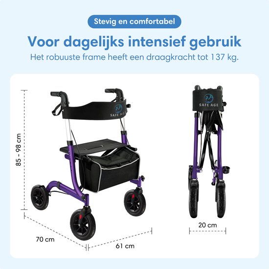 Safe Life® Rollator lichtgewicht en opvouwbaar - Rubberen wielen - zitfunctie - voor binnen en buiten - Rugleuning en wandelstok houder - Paars