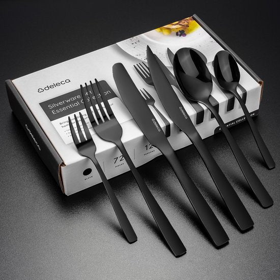 Deleca 12 Persoons Bestekset Essential (72-delig) - Lepels, Messen, Vorken, Steakmessen & Gebaksvorkjes - Vaatwasserbestendig Bestek - Glanzend Zwart / Edelstaal