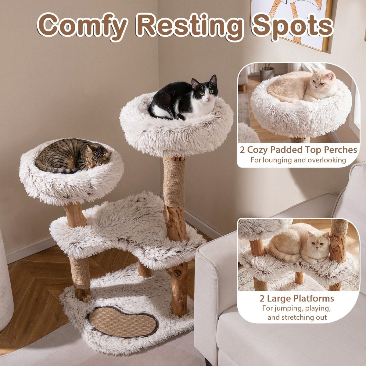 Costway Houten kattenboom - Met hangmat - 41 x 41 x 87 cm - Naturel en wit