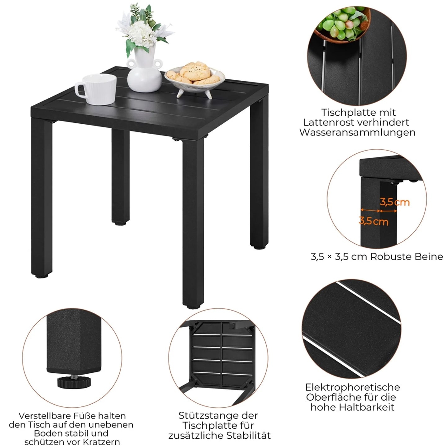 Yaheetech Bijzettafel Buiten Vierkant – Voorzien Van Tafelblad Met Latten En Elektroforetische Poedercoating En Steunbalk – Voor Tuin Balkon En Terras – Zwart Metaal – 45 x 45 x 45,5 cm