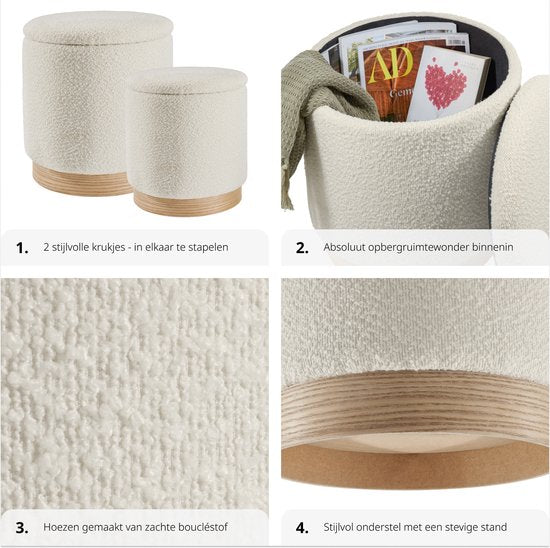 tectake® - Set van 2 krukken met opbergruimte - bouclé teddy stof - Scandi - Gestoffeerde kruk rond - Voor make-uptafel, slaapkamer, woonkamer - 2 maten (38 en 32cm)