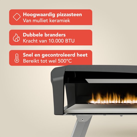 KitchenBrothers Pizza Oven - Gas - Tafelmodel - Inklapbaar - Pizzasteen - Dubbele Brander - Pizzaoven voor Buiten - Zwart/Grijs - Vaderdag Cadeau