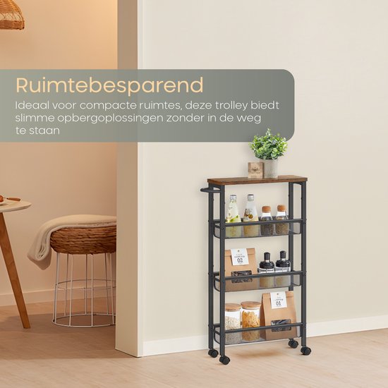 O'DADDY® Keukentrolley - Smalle Rolwagen - Keukeneiland - Serveerwagen - Keukentrolley Op Wieltjes - Keuken Trolley - Industrieel Design - Bruin Hout - Zwart Metaal