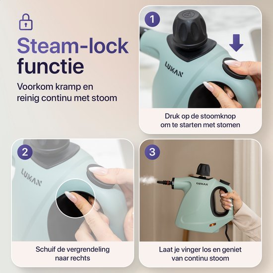 LUMAN 16 in 1 Stoomreiniger C3 - Stoomvergrendelingsfunctie - Handstoomreiniger - Handstomer - Vlekkenreiniger - Tapijtreiniger - Incl. Opbergtas en 16 Opzetstukken - 1050 Watt - 450 ML - Groen
