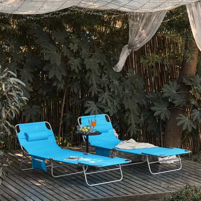 SoBuy Opklapbare Tuinstoel OGS35-B – Voorzien Van Vijf Rugleuningstanden En Afneembare Hoofdsteun En Handig Zijvak – Voor Tuin En Camping – Blauw Textilene En Metaal – Honderdtwintig kg