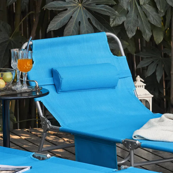 SoBuy Opklapbare Tuinstoel OGS35-B – Voorzien Van Vijf Rugleuningstanden En Afneembare Hoofdsteun En Handig Zijvak – Voor Tuin En Camping – Blauw Textilene En Metaal – Honderdtwintig kg