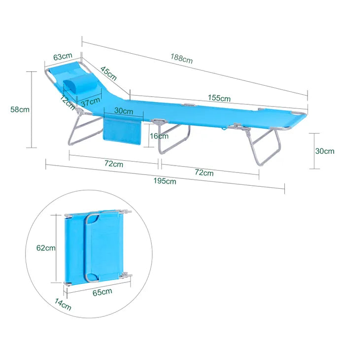 SoBuy Opklapbare Tuinstoel OGS35-B – Voorzien Van Vijf Rugleuningstanden En Afneembare Hoofdsteun En Handig Zijvak – Voor Tuin En Camping – Blauw Textilene En Metaal – Honderdtwintig kg