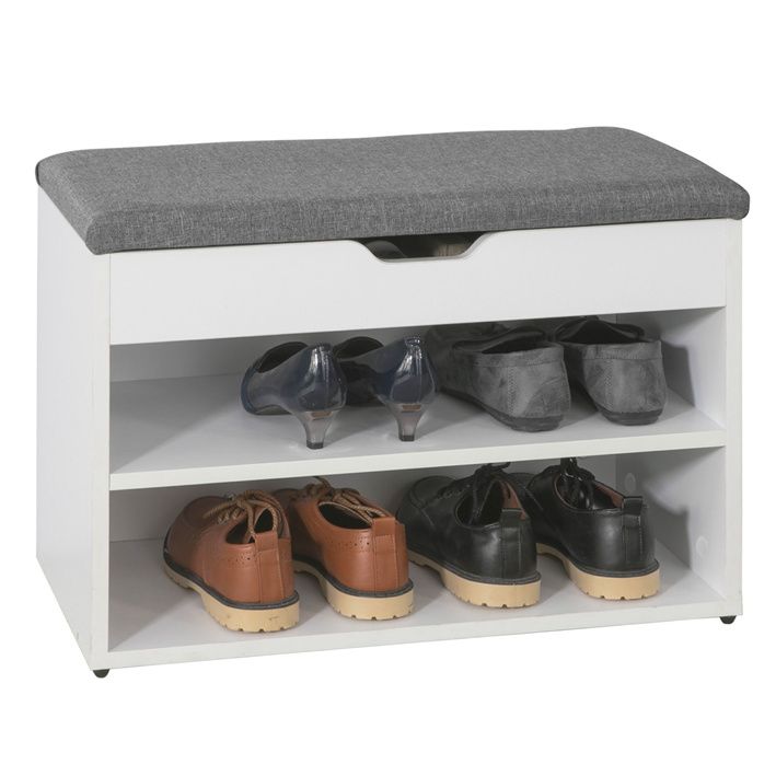 SoBuy Schoenenkast met gestoffeerd zitvlak - 2 Planken  -Landelijk - Max. 120 kg -60 x 30 x 44 cm - Wit / Grijs