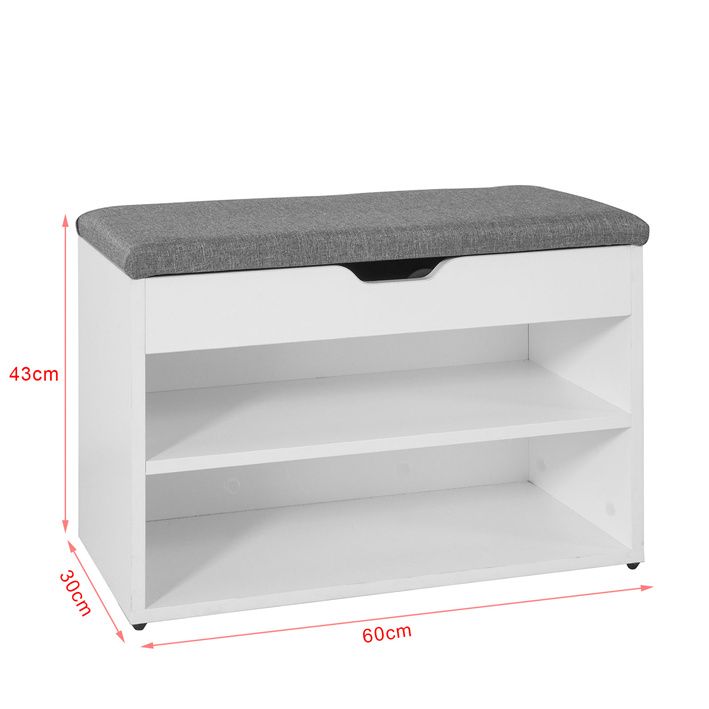 SoBuy Schoenenkast met gestoffeerd zitvlak - 2 Planken  -Landelijk - Max. 120 kg -60 x 30 x 44 cm - Wit / Grijs