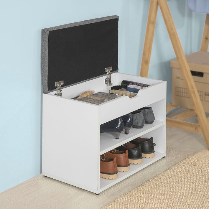 SoBuy Schoenenkast met gestoffeerd zitvlak - 2 Planken  -Landelijk - Max. 120 kg -60 x 30 x 44 cm - Wit / Grijs