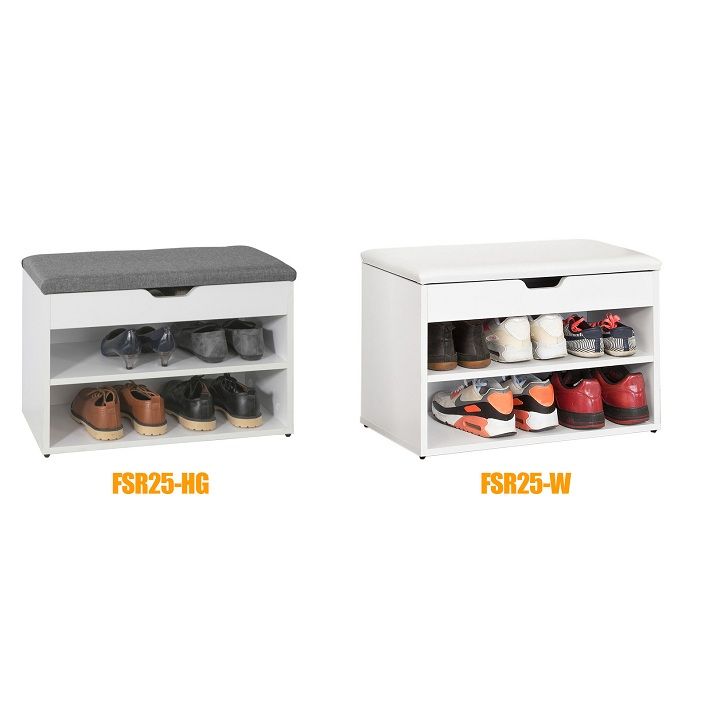SoBuy Schoenenkast met gestoffeerd zitvlak - 2 Planken  -Landelijk - Max. 120 kg -60 x 30 x 44 cm - Wit / Grijs