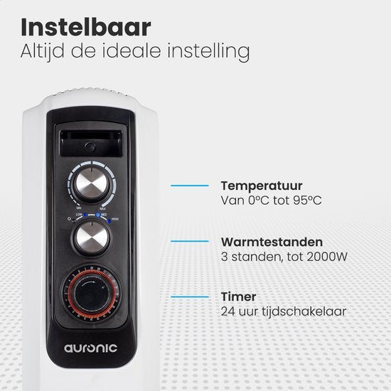 Auronic Olieradiator met Thermostaat - 2000W Heater - Elektrische kachel - Timer - 3 Standen - Wit
